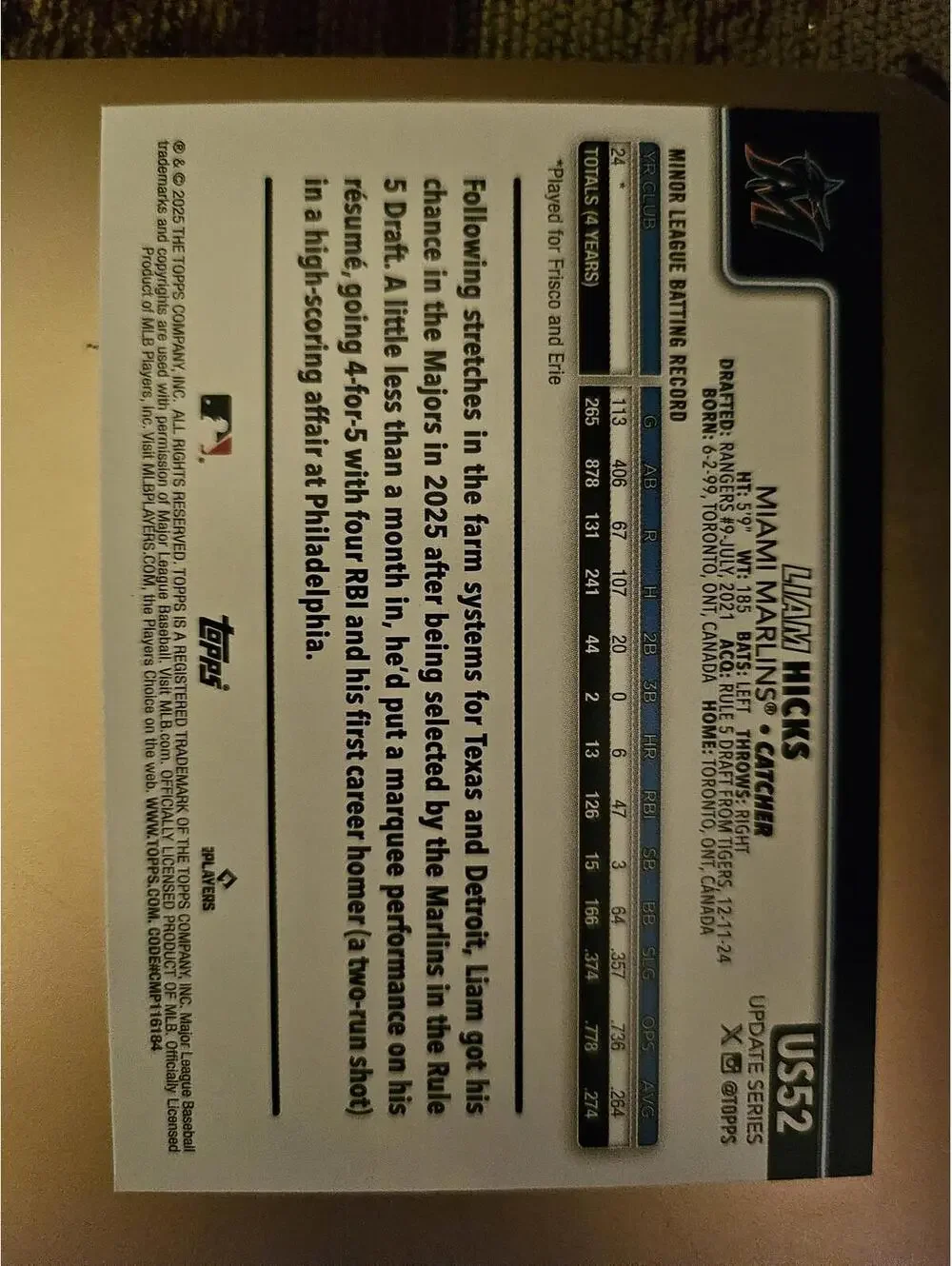 Liam Nicks (RC) 2025 Topps Update - #US52 - Marlins - RAW Mint - Picture 2 of 2